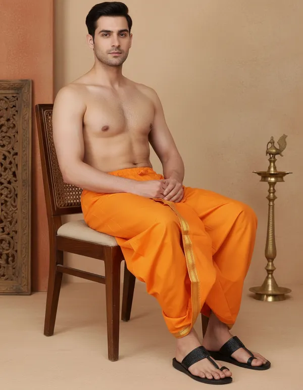 Light_Orange_Readymade_Elastic_Cotton_Silk_Dhoti_for_Men