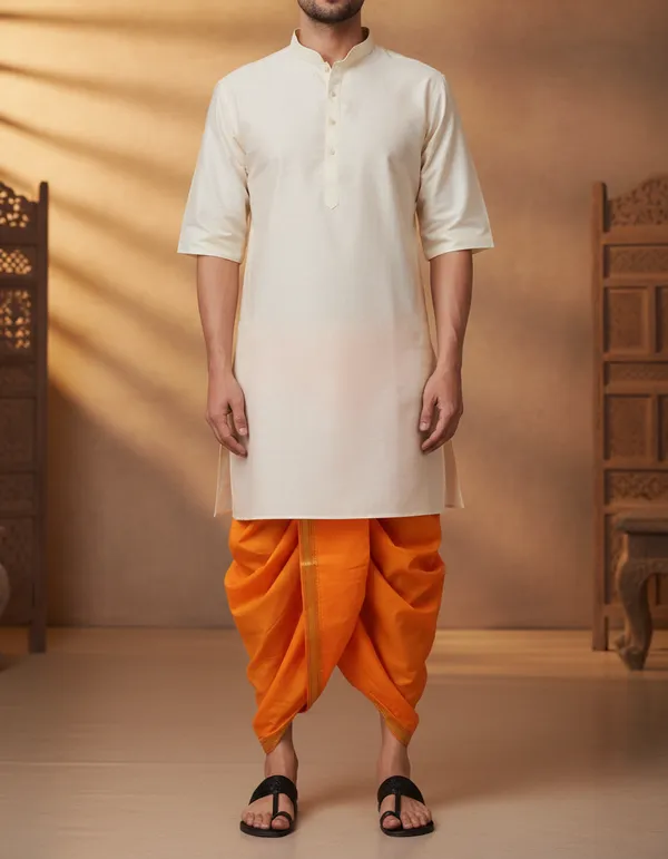 Light_Orange_Readymade_Elastic_Cotton_Silk_Dhoti_for_Men