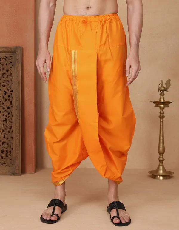 Light_Orange_Readymade_Elastic_Cotton_Silk_Dhoti_for_Men