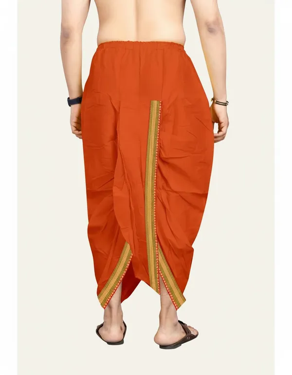 Orange_Cotton_Blend_Readymade_Elastic_Silk_Dhoti_For_Men