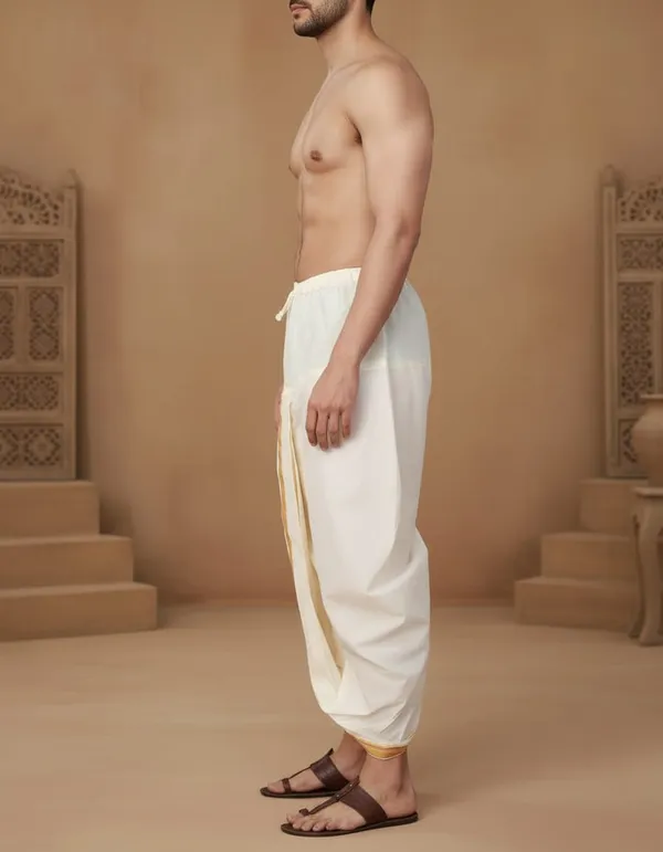 Light_Cream_Cotton_Blend_Readymade_Elastic_Silk_Dhoti_For_Men
