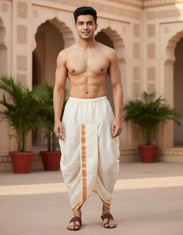 Light_Cream_Cotton_Blend_Readymade_Elastic_Silk_Dhoti_For_Men