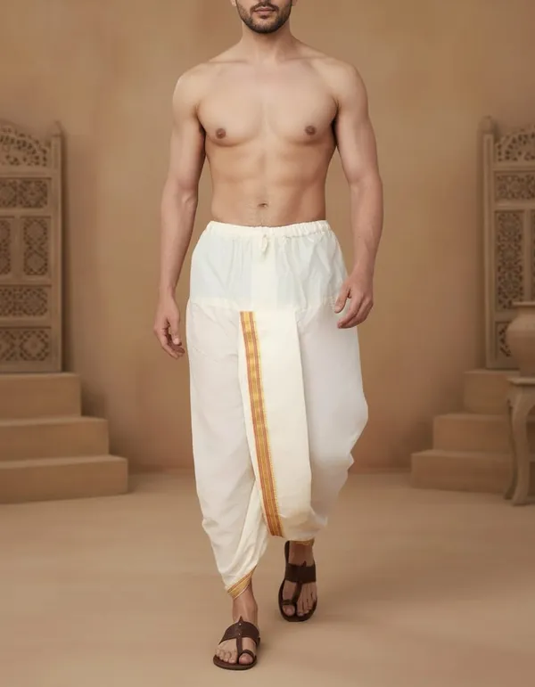 Light_Cream_Cotton_Blend_Readymade_Elastic_Silk_Dhoti_For_Men