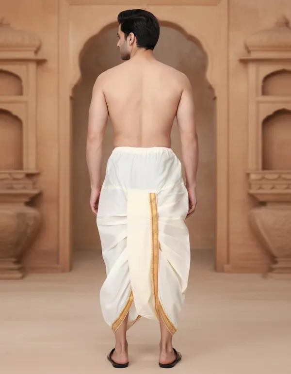 Light_Cream_Cotton_Blend_Readymade_Elastic_Silk_Dhoti_For_Men