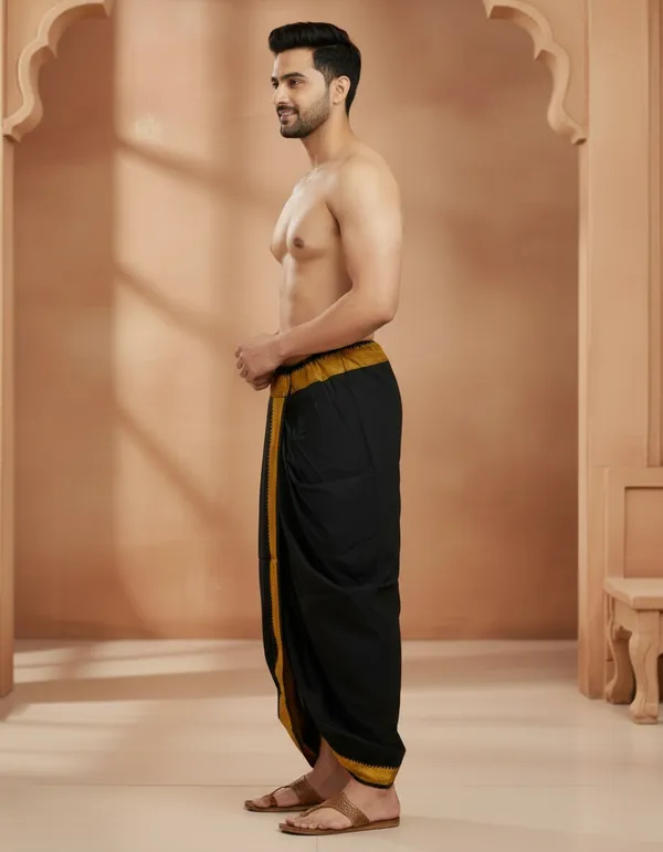 Pure_Cotton_Black_Readymade_Elastic_Silk_Dhoti_For_Men