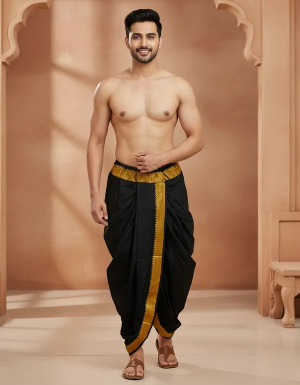 Pure_Cotton_Black_Readymade_Elastic_Silk_Dhoti_For_Men