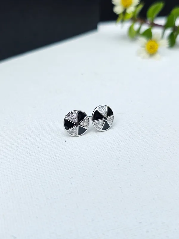 Silver-Toned_Geometric_Stud_Earrings_with_Black_and_Crystal_Embellishments