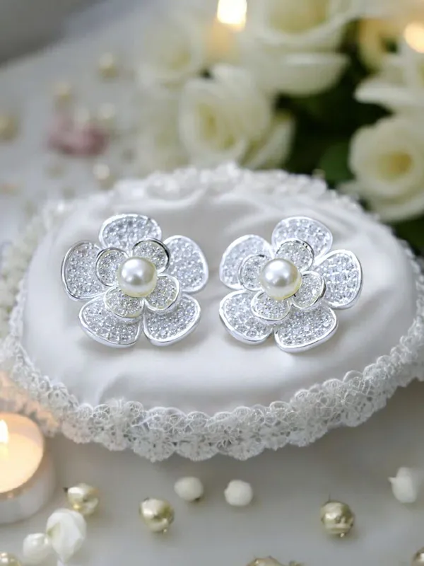 Silver_Toned_Crystal_Flower_Stud_Earrings_with_Pearl_Center