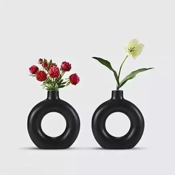 Black_Donut_Shaped_Ceramic_Flower_Vase_Glossy_Finish_Vase,_Pack_Of_2_8inch_6_inch