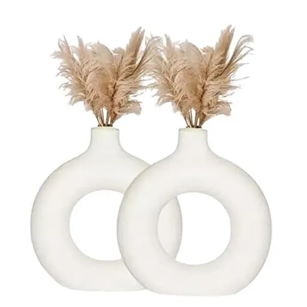 White_Donut_Shaped_Ceramic_Flower_Vase_Glossy_Finish_Pampas_Grass_Vase,_Home_Decor_Centerpiece_Pack_Of_2