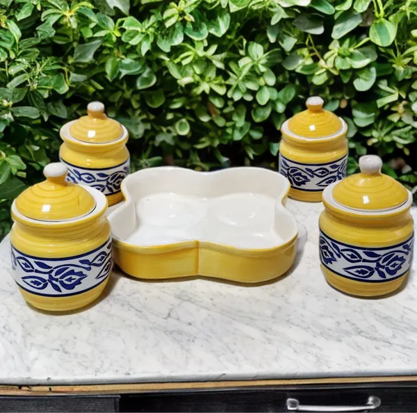 Yellow_And_Blue_Handcrafted_Ceramic_Pickle_Jar_Pack_Of_4