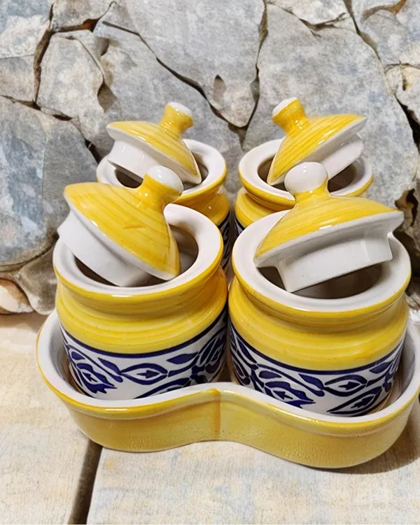 Yellow_And_Blue_Handcrafted_Ceramic_Pickle_Jar_Pack_Of_4