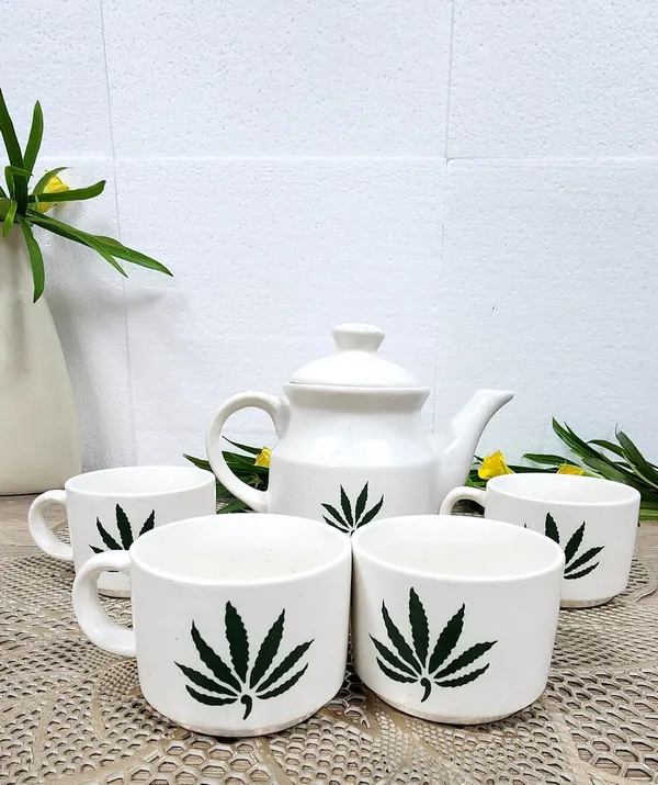 White_Hand_Painted_Ceramic_Tea_Cup_Set_With_Kettle_&_Serving_Tray_4_Cups_(150Ml),_1_Kettle_(700Ml),_1_Tray_6_Piece_Set
