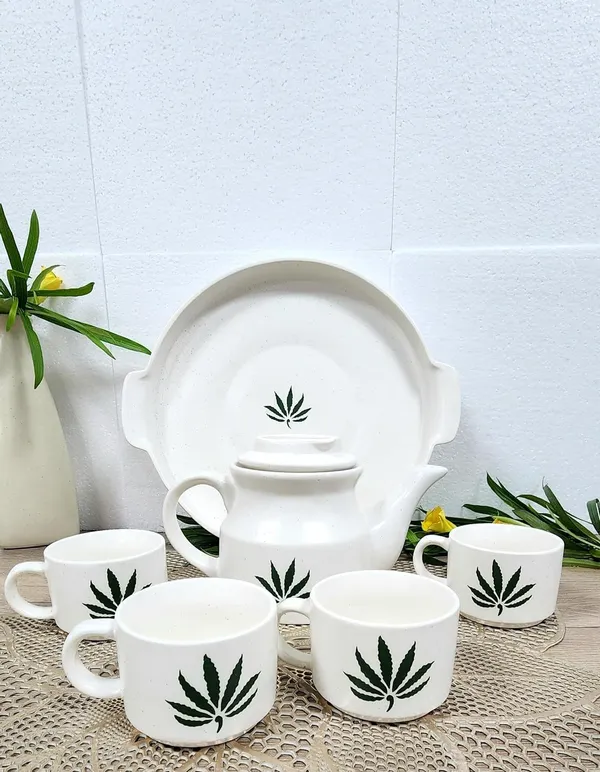 White_And_Green_Hand_Painted_Ceramic_Tea_Kettle_Set_6_Piece