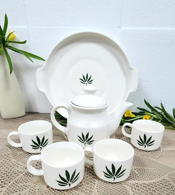 White_And_Green_Hand_Painted_Ceramic_Tea_Kettle_Set_6_Piece