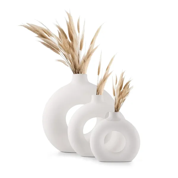 White_Donut_Shaped_Ceramic_Flower_Vase_Set_Matte_Finish_Pampas_Grass_Vase
