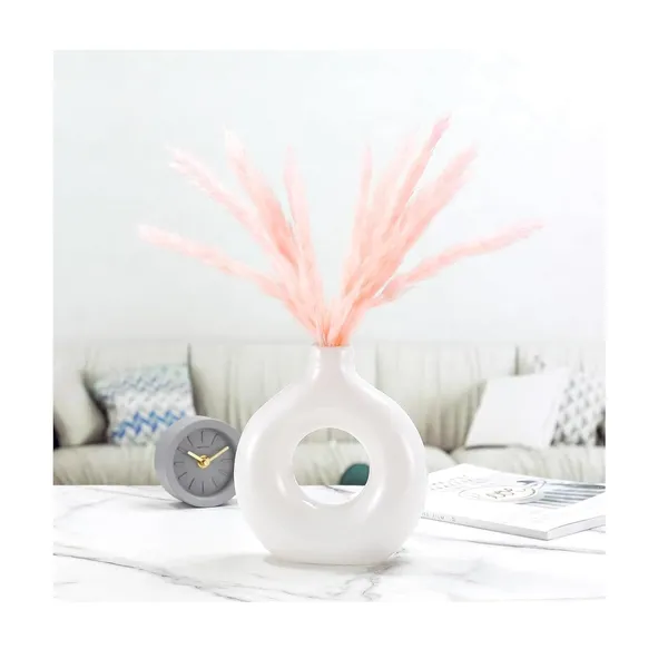 White_Donut_Shaped_Ceramic_Flower_Vase_Set_Matte_Finish_Pampas_Grass_Vase