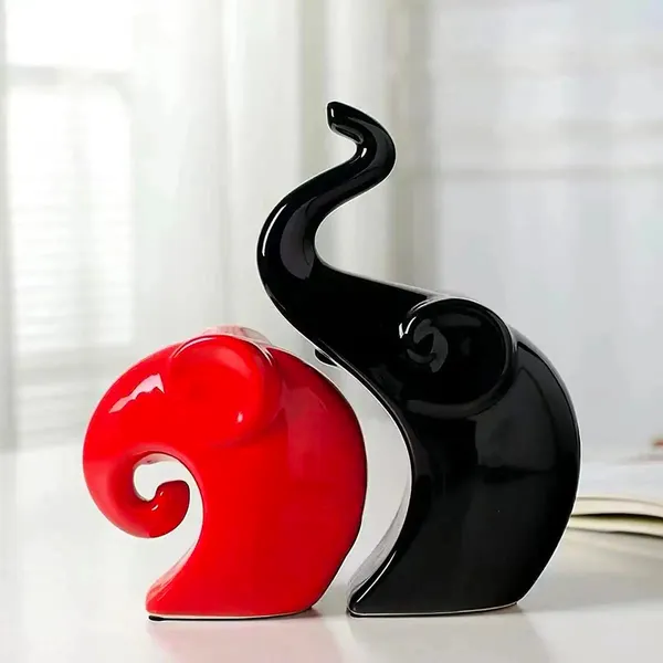 Black_And_Red_Home_Decor_Lucky_Charm_Elephant_Couple_Piano_Finish_Ceramic_Figures_Set_Of_2_Piece_Red