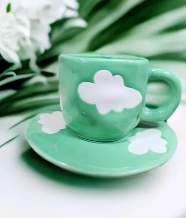 Green_Cute_Ceramic_Coffee_Mug_With_Saucer_Unique_Irregular_Design