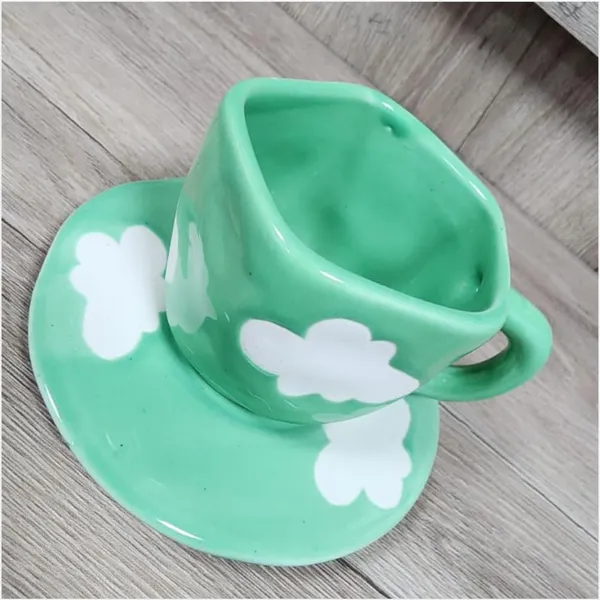 Green_Cute_Ceramic_Coffee_Mug_With_Saucer_Unique_Irregular_Design