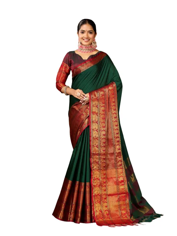 Bottle_Green_Cotton_Silk_Kasavu_Cotton_Silk_Saree_For_Women