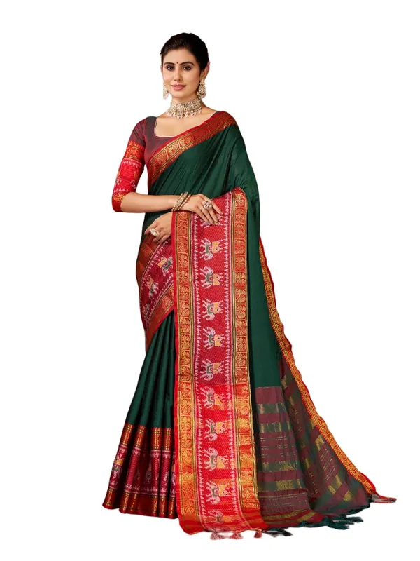 Bottle_Green_Cotton_Blend_Pochampally_Cotton_Saree_For_Women