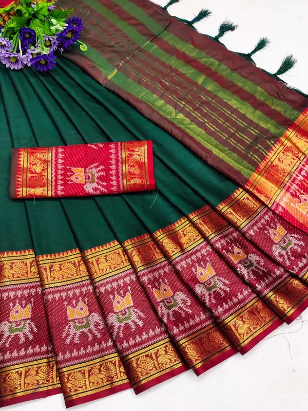 Bottle_Green_Mercerised_Cotton_Narayanpet_Cotton_Silk_Saree_For_Women
