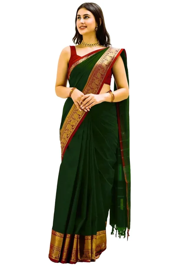 Green_Cotton_Blend_Kanjivaram_Silk_Saree_For_Women