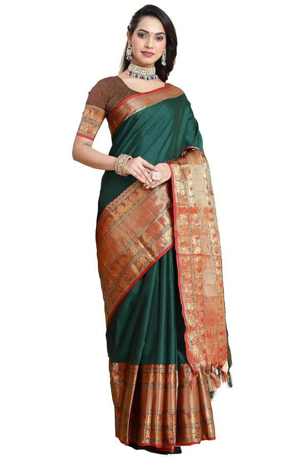 Bottle_Green_Cotton_Silk_Printed_Chiffon_Saree_For_Women