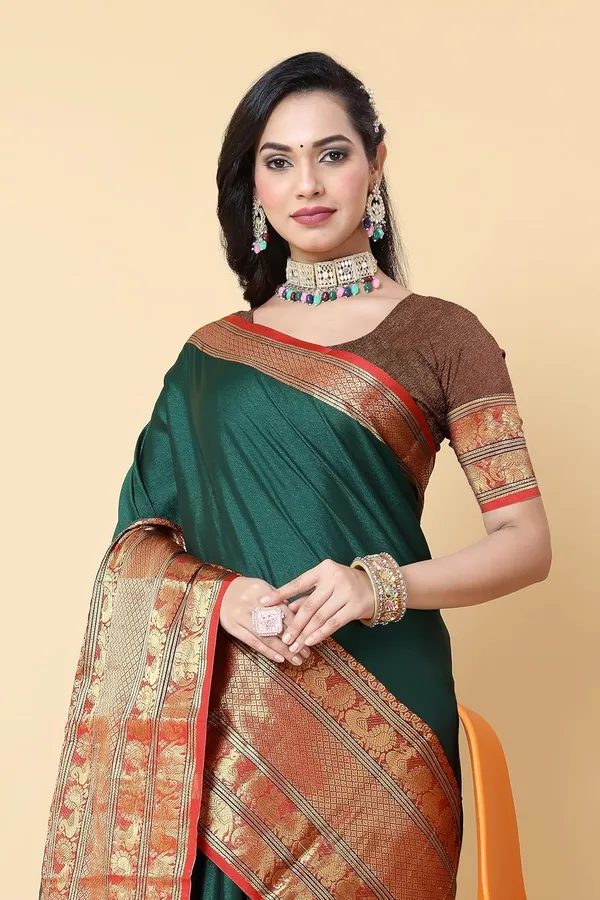 Bottle_Green_Cotton_Silk_Printed_Chiffon_Saree_For_Women
