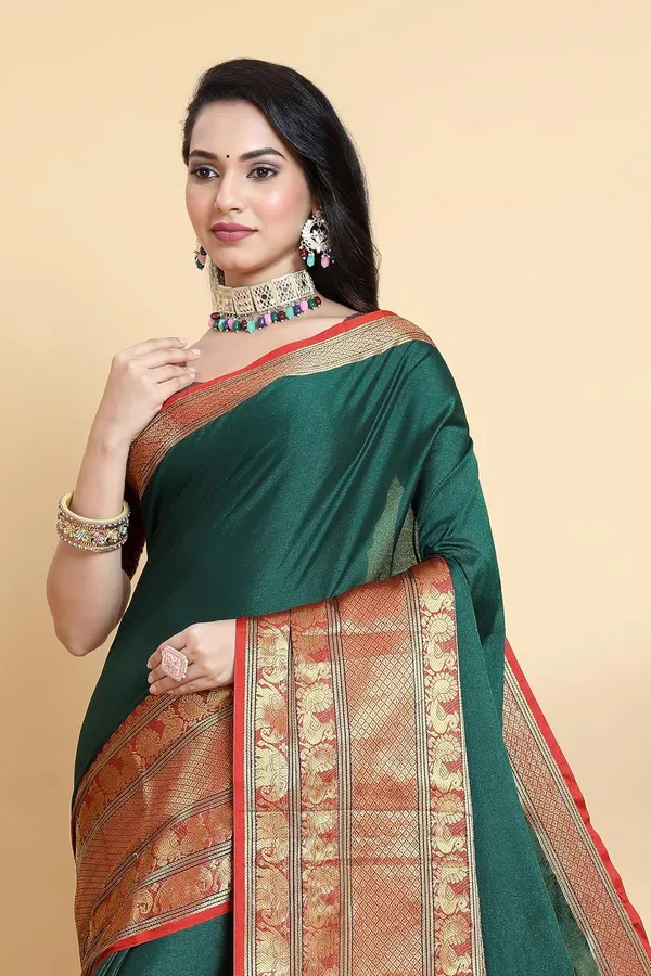 Bottle_Green_Cotton_Silk_Printed_Chiffon_Saree_For_Women