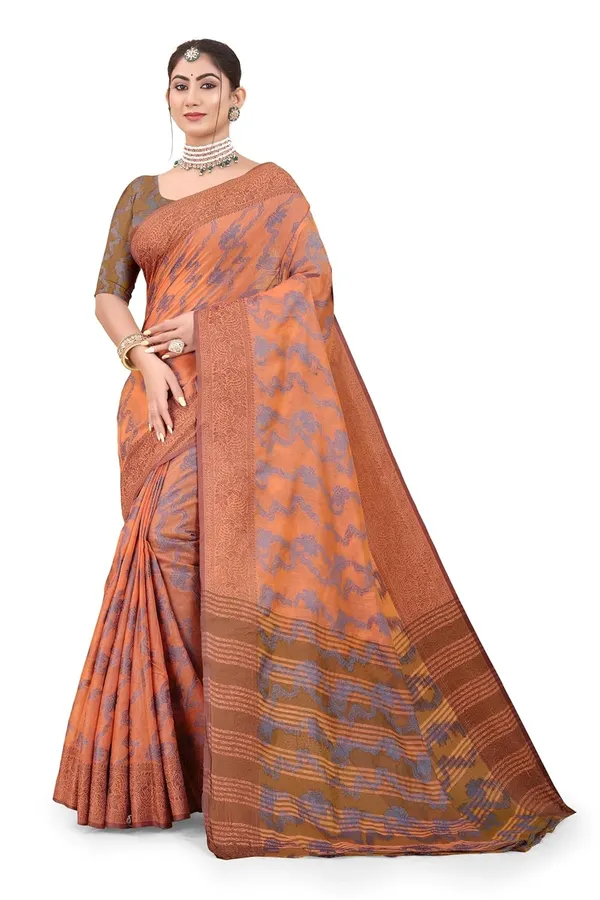 Brown_Cotton_Printed_Chiffon_Saree_For_Women