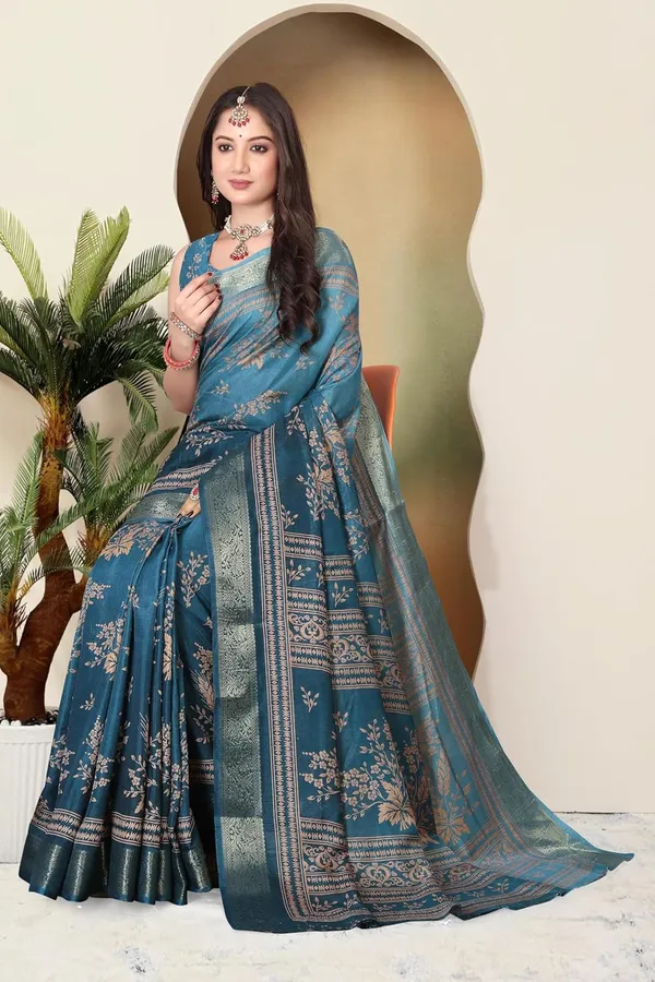 Turquoise_Silk_Blend_Printed_Dola_Silk_Saree_For_Women