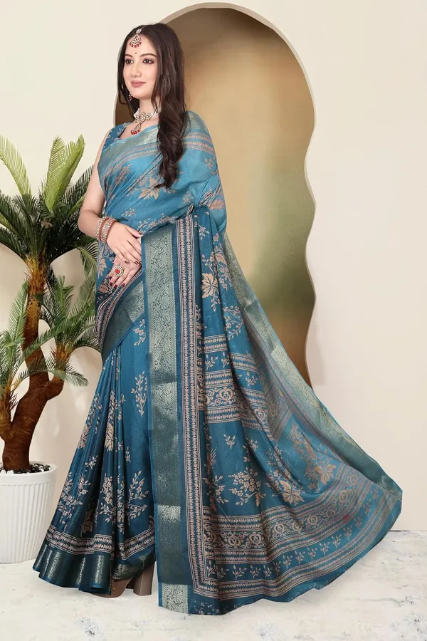 Turquoise_Silk_Blend_Printed_Dola_Silk_Saree_For_Women