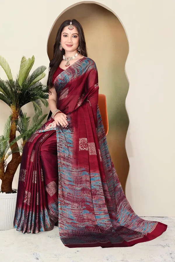 Maroon_Chiffon_Georgette_Pochampally_Cotton_Saree_For_Women