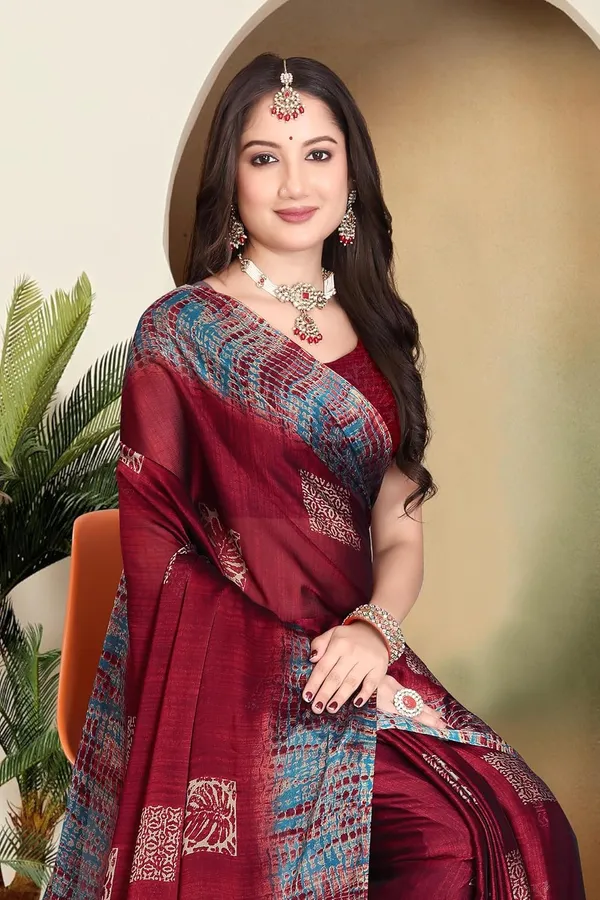 Maroon_Chiffon_Georgette_Pochampally_Cotton_Saree_For_Women