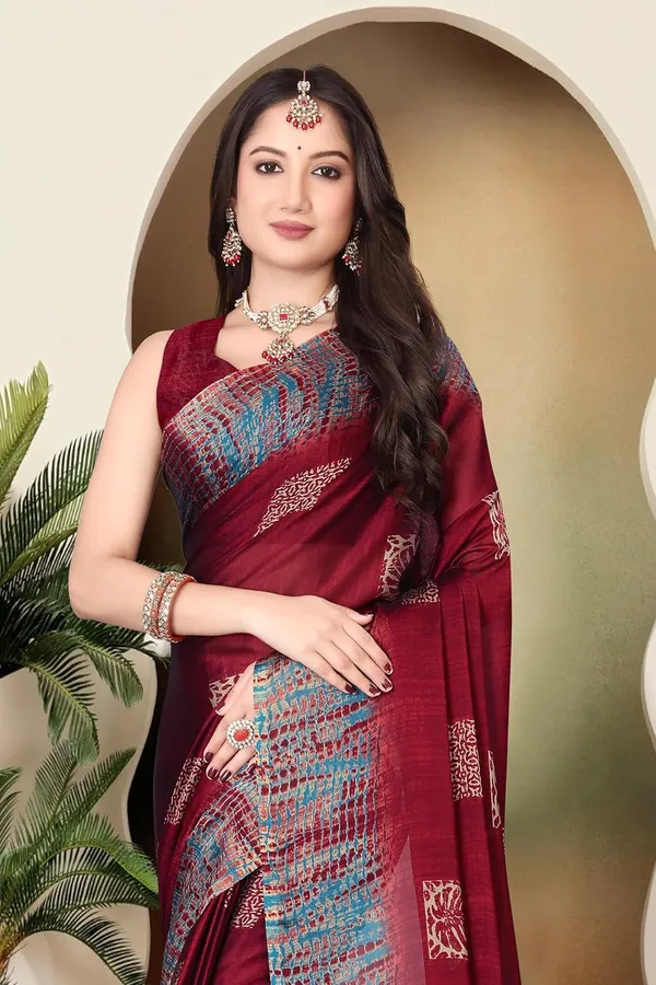 Maroon_Chiffon_Georgette_Pochampally_Cotton_Saree_For_Women