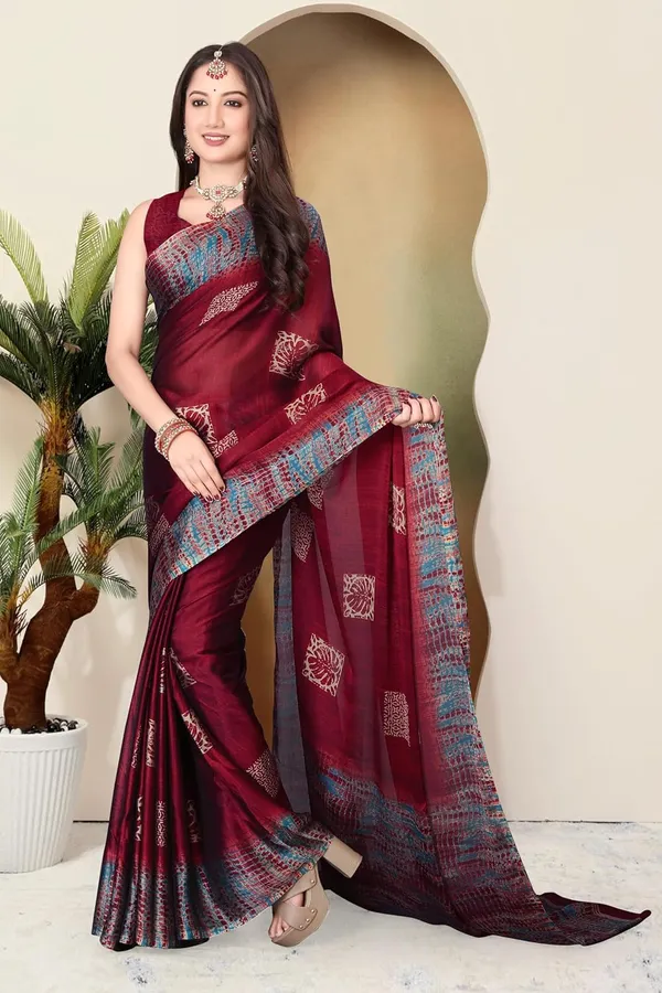 Maroon_Chiffon_Georgette_Pochampally_Cotton_Saree_For_Women