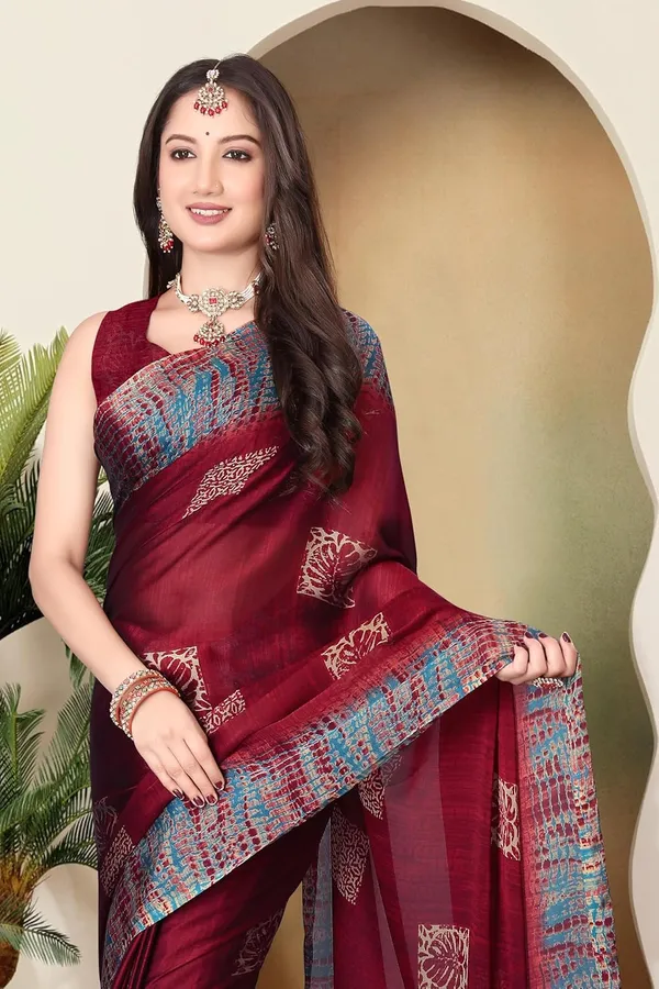 Maroon_Chiffon_Georgette_Pochampally_Cotton_Saree_For_Women