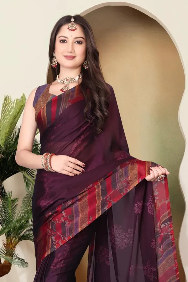 Wine_Berry_Chiffon_Banarasi_Silk_Saree_For_Women