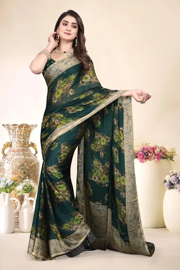 Bottle_Green_Chiffon_Floral_Chiffon_Saree_For_Women