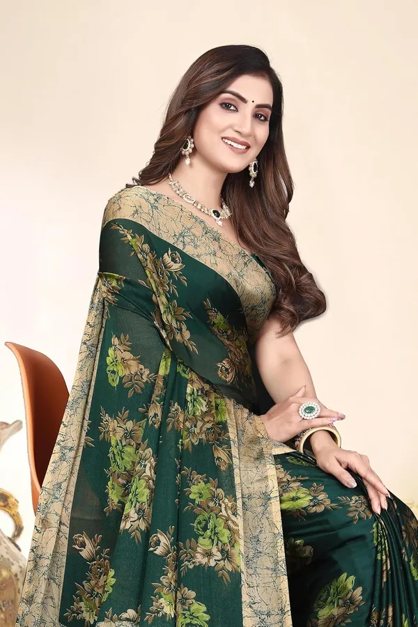 Bottle_Green_Chiffon_Floral_Chiffon_Saree_For_Women