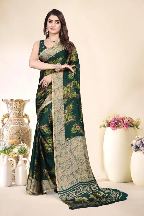 Bottle_Green_Chiffon_Floral_Chiffon_Saree_For_Women