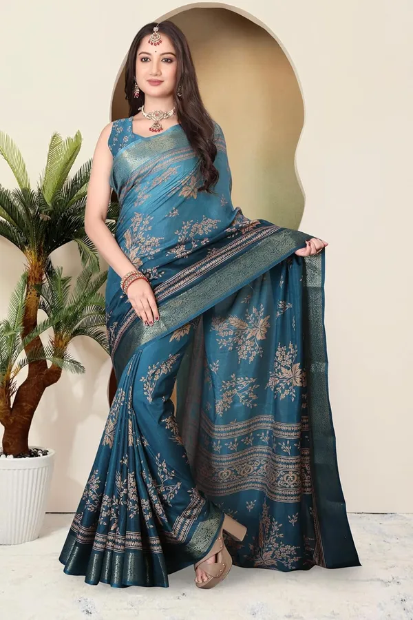 Turquoise_Silk_Blend_Printed_Dola_Silk_Saree_For_Women