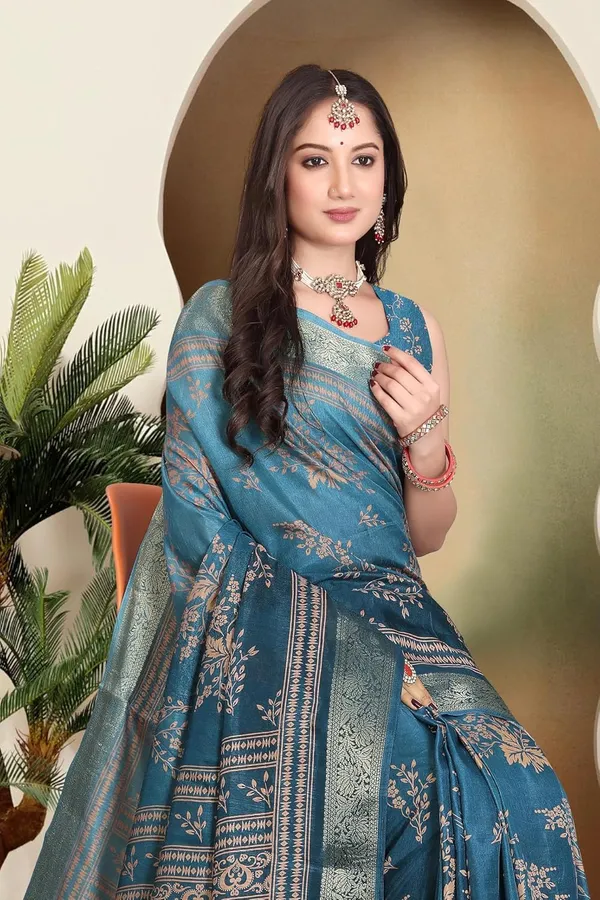 Turquoise_Silk_Blend_Printed_Dola_Silk_Saree_For_Women