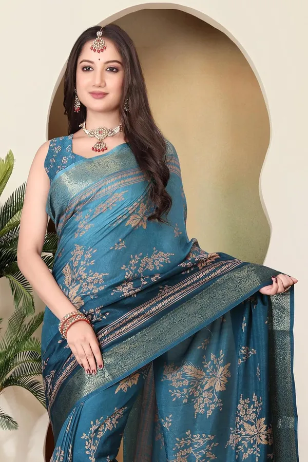 Turquoise_Silk_Blend_Printed_Dola_Silk_Saree_For_Women