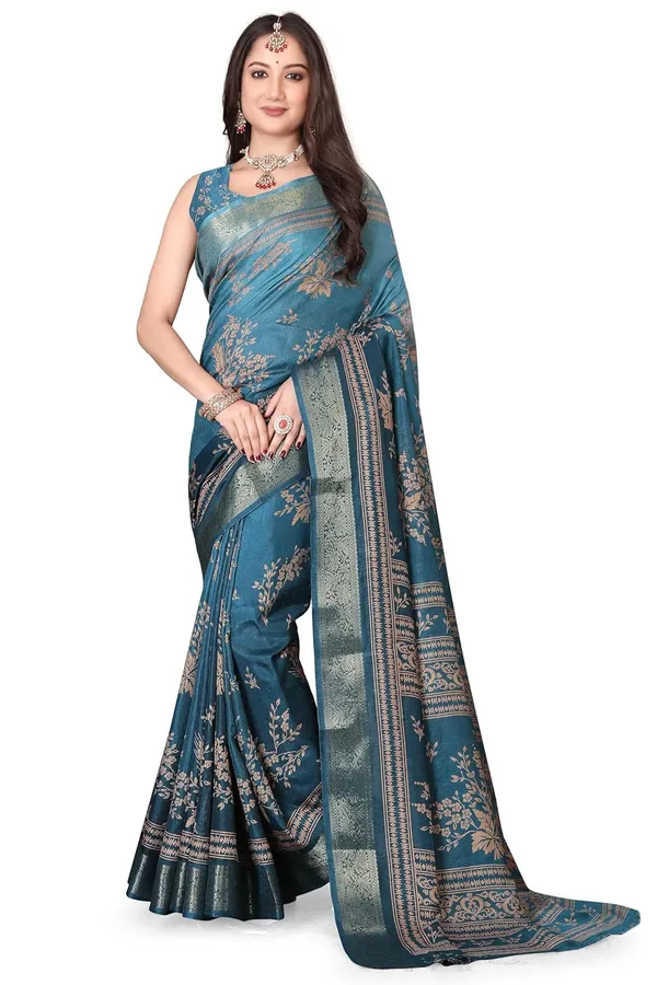 Turquoise_Silk_Blend_Printed_Dola_Silk_Saree_For_Women