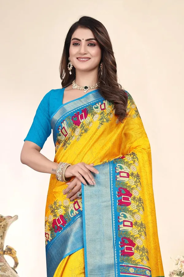 Yellow_Silk_Blend_Printed_Dola_Silk_Saree_For_Women