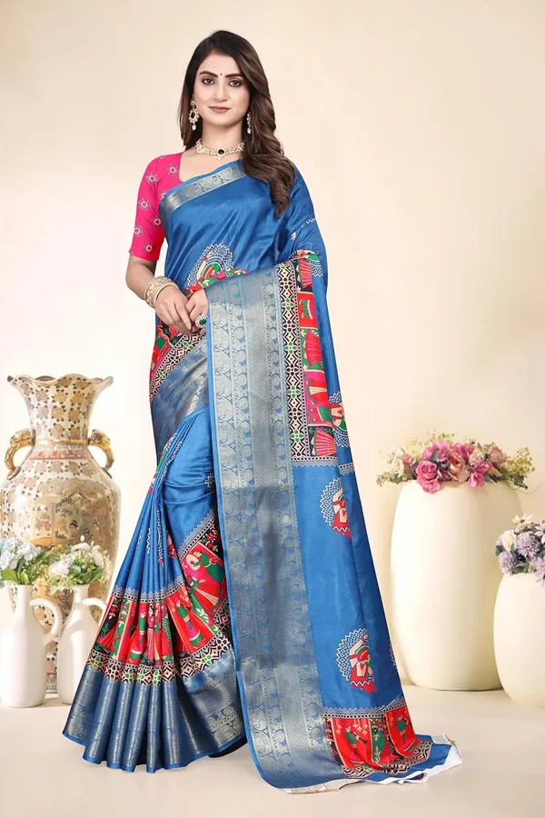 Blue_Silk_Blend_Printed_Dola_Silk_Saree_For_Women