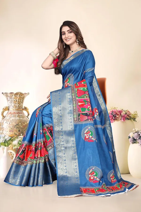 Blue_Silk_Blend_Printed_Dola_Silk_Saree_For_Women